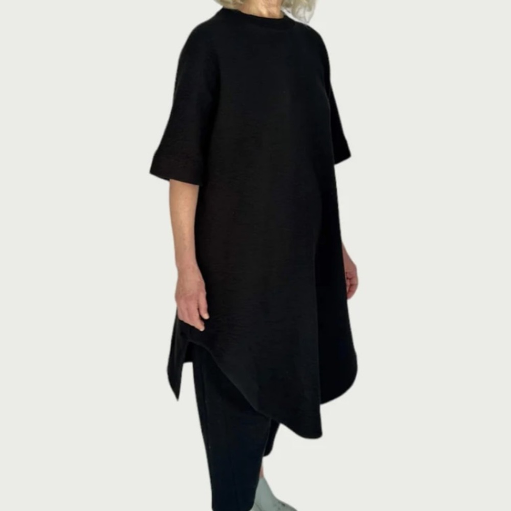 Hoi Bo Black Lagenlook Mini Parachute Tee Dress Textured Cotton Coastal Small